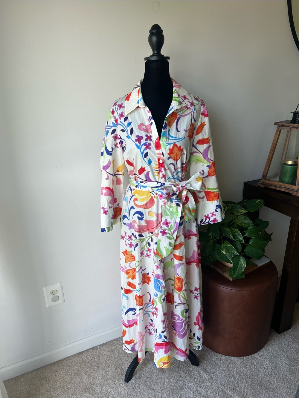 ZARA FLORAL PRINTED MIDI SHIRT DRESS BELTED MULTICOLOR